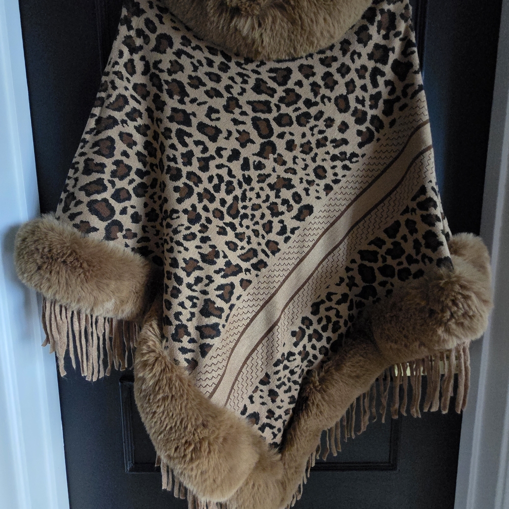 SOLD! Leopard Print Poncho with Faux Fur Trim